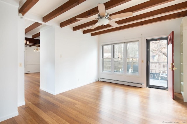 unfurnished room featuring ceiling fan with notable chandelier, beam ceiling, light hardwood / wood-style floors, and a baseboard heating unit