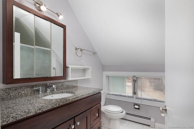 bathroom with a baseboard radiator, tile patterned flooring, lofted ceiling, toilet, and vanity