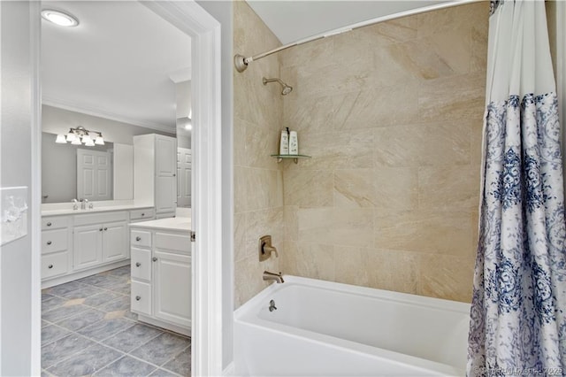 bathroom featuring shower / bathtub combination with curtain, vanity, and ornamental molding