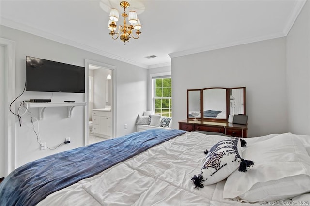 bedroom featuring an inviting chandelier, ornamental molding, and ensuite bath