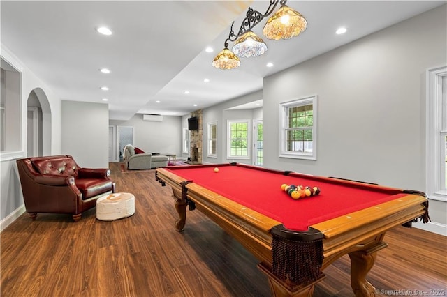 rec room with wood-type flooring and billiards