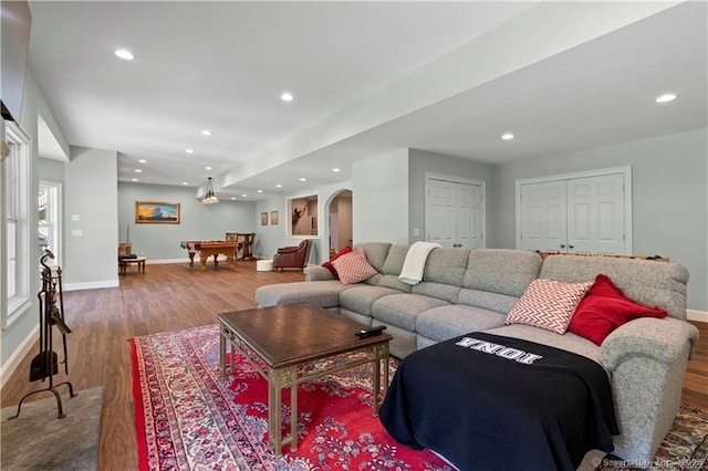 living room featuring wood-type flooring and billiards