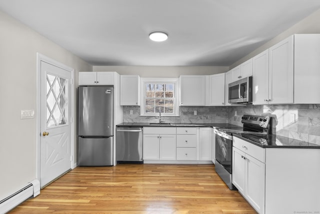 kitchen featuring appliances with stainless steel finishes, baseboard heating, white cabinetry, and decorative backsplash