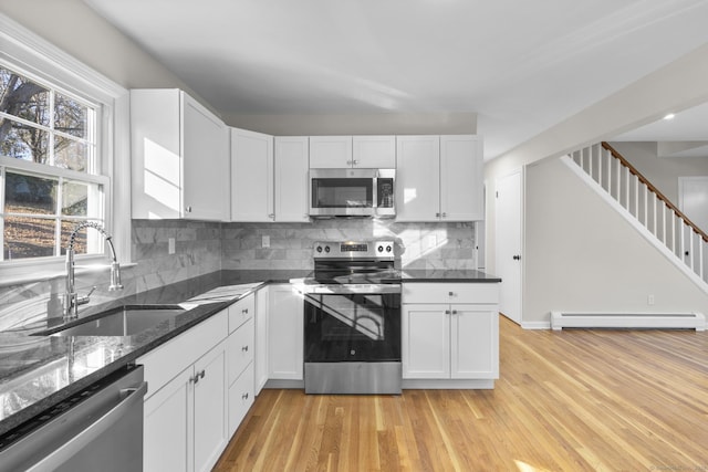 kitchen featuring stainless steel appliances, a baseboard radiator, white cabinetry, and sink