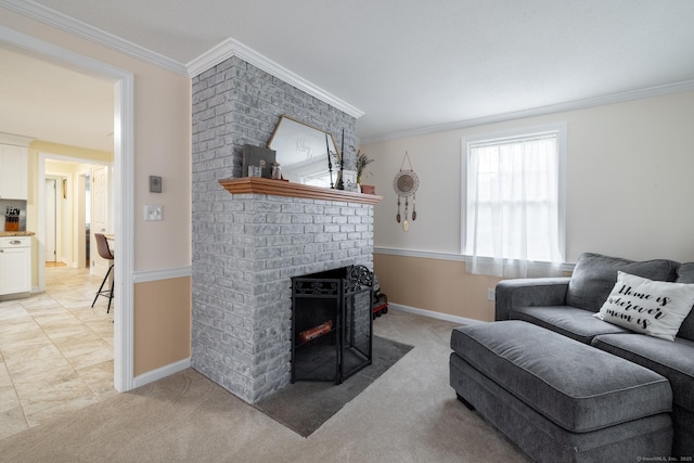 living room with a brick fireplace, light colored carpet, and crown molding