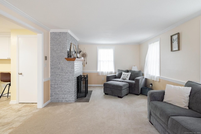 carpeted living room featuring a fireplace and crown molding