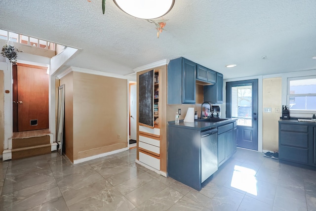 kitchen with blue cabinetry, sink, stainless steel dishwasher, a textured ceiling, and ornamental molding