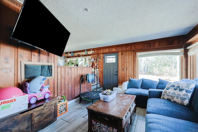 living room featuring wooden walls