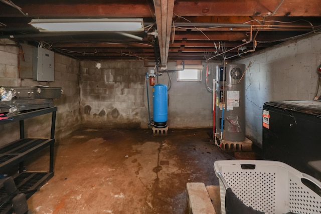 basement with electric panel and water heater