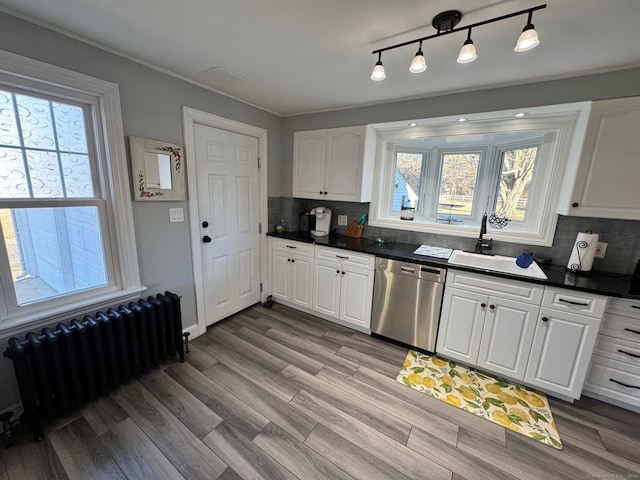 kitchen featuring radiator heating unit, white cabinets, stainless steel dishwasher, backsplash, and sink