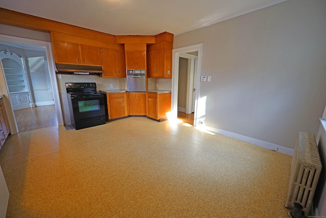 kitchen with radiator, decorative backsplash, stainless steel oven, and black range with electric cooktop