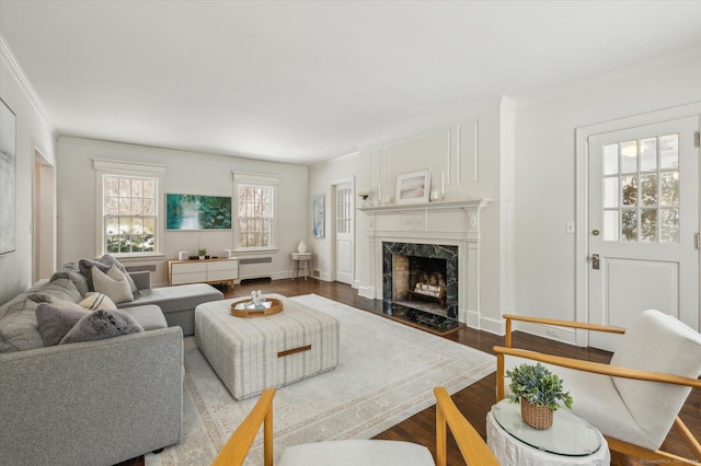 living room with hardwood / wood-style flooring, radiator heating unit, ornamental molding, and a fireplace