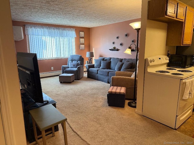 living room featuring a textured ceiling, carpet flooring, and a baseboard radiator