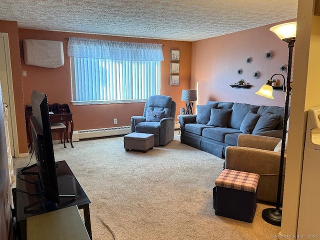 living room featuring a baseboard heating unit, a textured ceiling, and carpet flooring