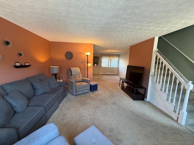 carpeted living room with a baseboard heating unit, an inviting chandelier, and a textured ceiling