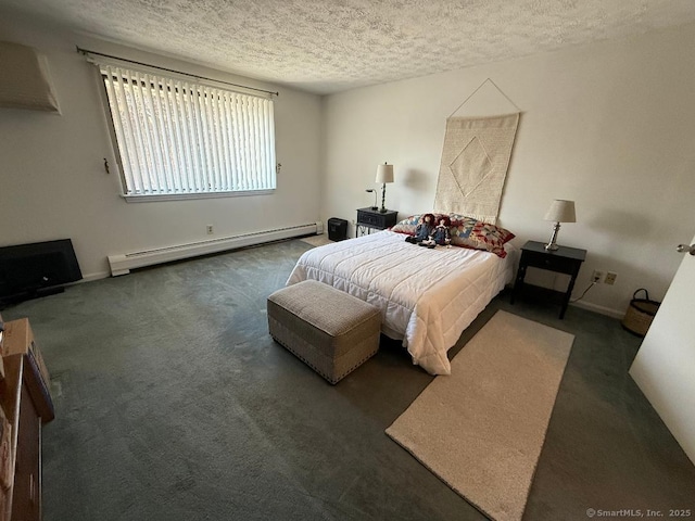 bedroom with dark colored carpet, a textured ceiling, and a baseboard radiator