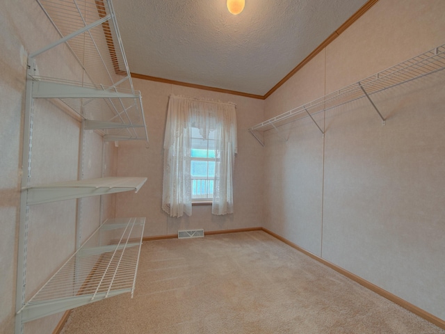 walk in closet with lofted ceiling and carpet flooring