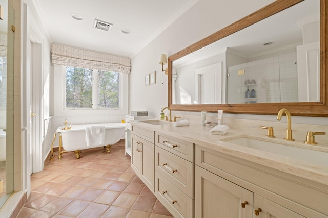 bathroom featuring crown molding, plus walk in shower, tile patterned flooring, and vanity