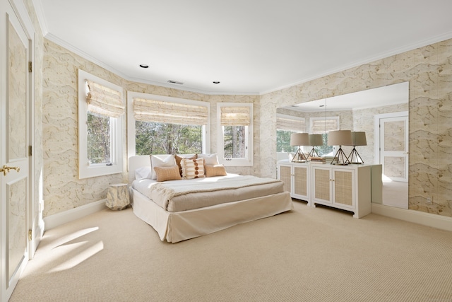 carpeted bedroom with ornamental molding