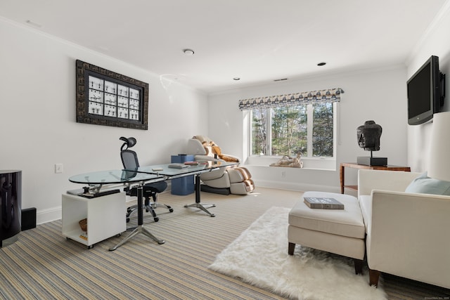 office area with carpet and crown molding