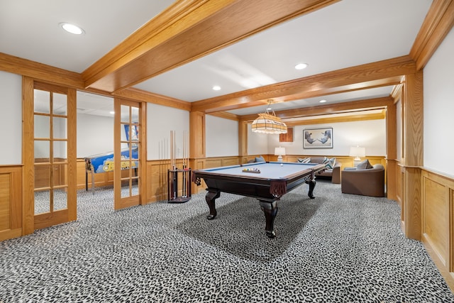 game room featuring beamed ceiling, billiards, french doors, carpet, and ornamental molding