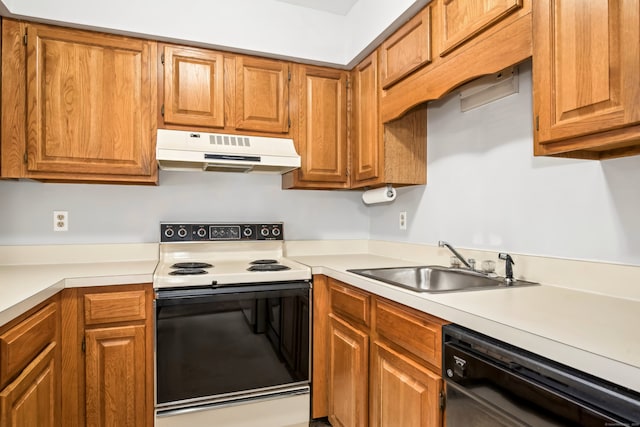 kitchen featuring sink, white electric range oven, and black dishwasher