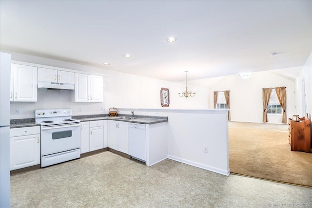 kitchen featuring pendant lighting, white appliances, an inviting chandelier, white cabinets, and light colored carpet