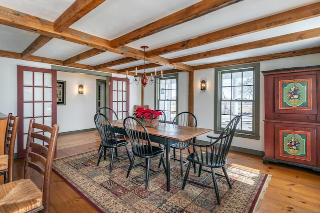 dining room with a notable chandelier, beam ceiling, light wood-type flooring, and coffered ceiling