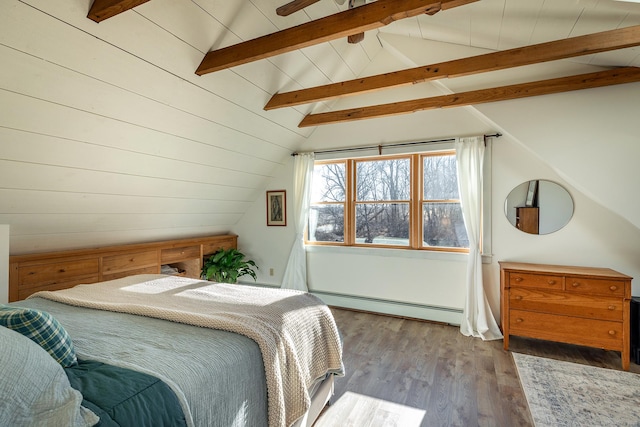 bedroom with lofted ceiling with beams, a baseboard radiator, and wood-type flooring