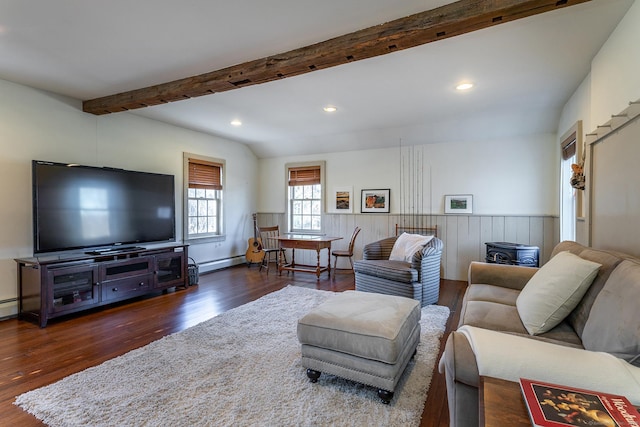 living room with beamed ceiling, dark hardwood / wood-style flooring, and baseboard heating