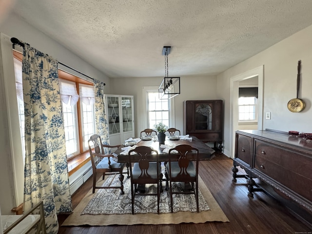 dining room with dark wood-type flooring and a textured ceiling