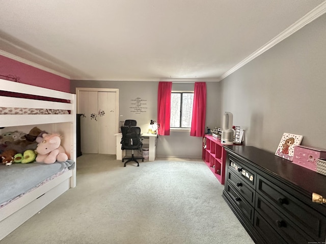 bedroom featuring light colored carpet, a closet, and ornamental molding