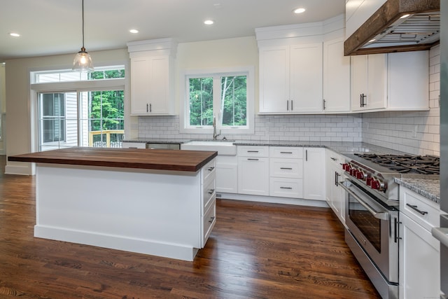 kitchen with white cabinetry, premium range hood, butcher block counters, and high end range