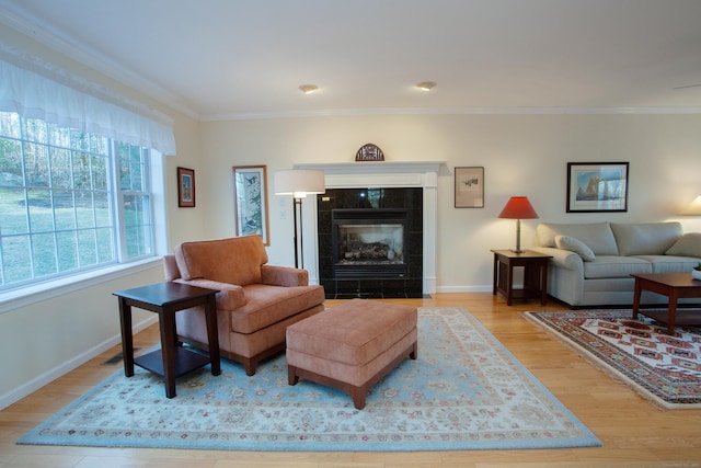 living room featuring a fireplace, crown molding, and light hardwood / wood-style flooring