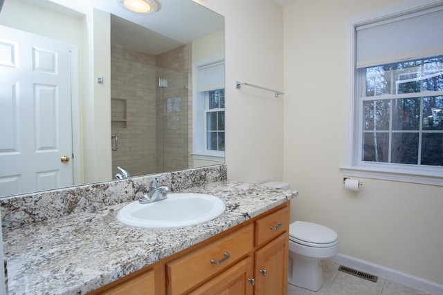 bathroom with tile patterned flooring, vanity, toilet, and a shower with shower door