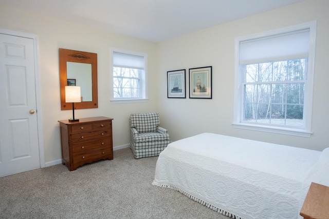 bedroom featuring light carpet