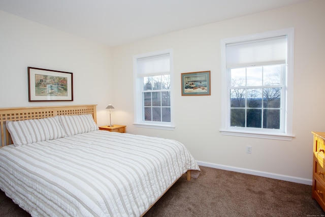 bedroom with dark carpet and multiple windows