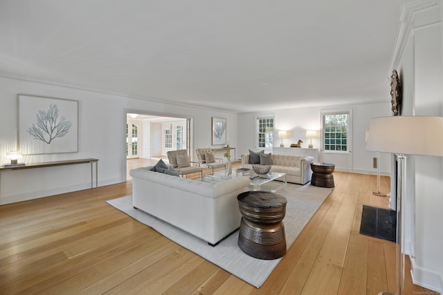 living room with light wood-type flooring and crown molding