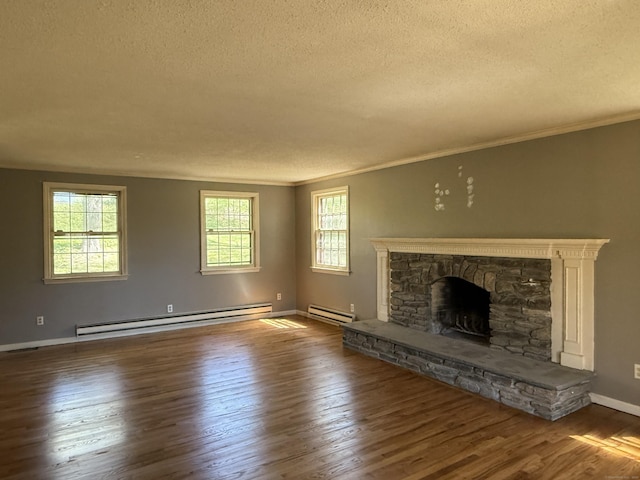 67 Flanders Rd, Woodbury, CT 06798 - unfurnished living room with a baseboard radiator, a textured ceiling, healthy amount of natural light, wood finished floors, and crown molding