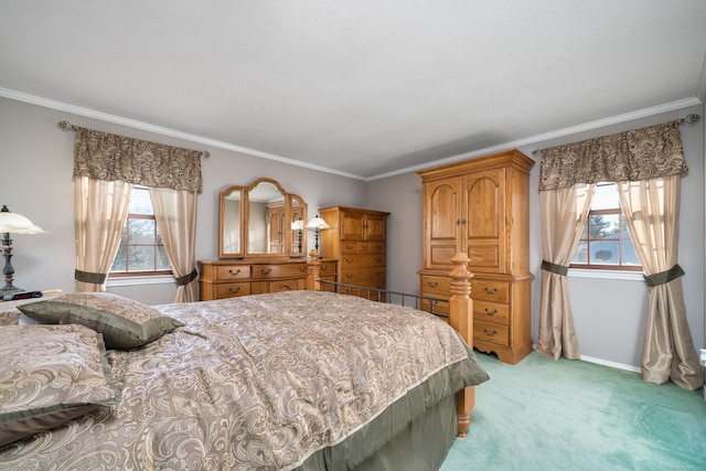 bedroom with multiple windows, light carpet, and ornamental molding