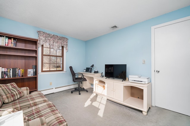 office featuring carpet and a baseboard radiator