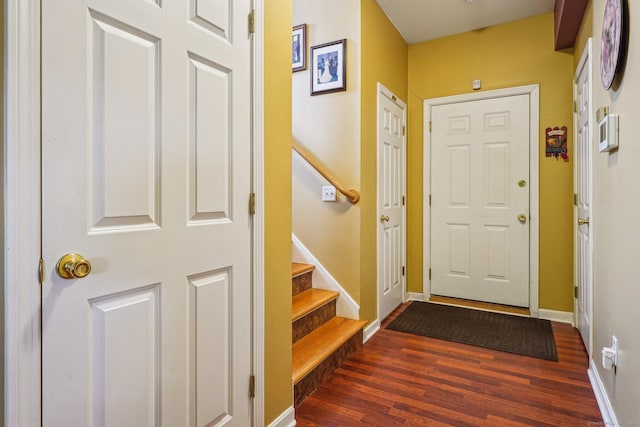 doorway with dark wood-type flooring