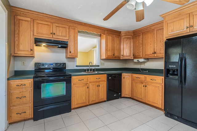 kitchen featuring ceiling fan, light tile patterned floors, sink, and black appliances