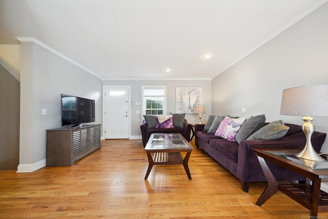 living room featuring light hardwood / wood-style floors and ornamental molding