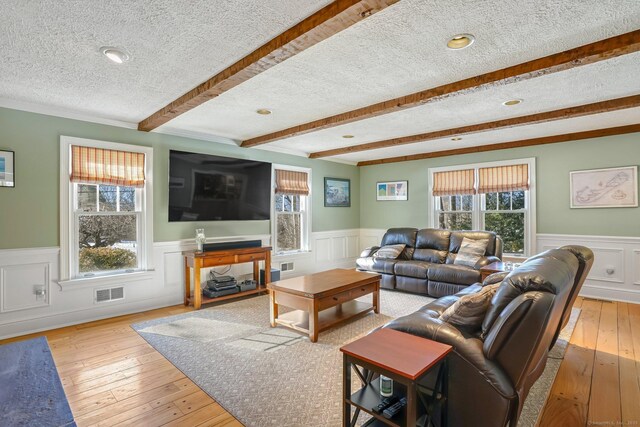 living room with beam ceiling, visible vents, a wainscoted wall, and hardwood / wood-style flooring