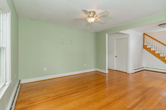 unfurnished room with light hardwood / wood-style flooring, ceiling fan, and baseboard heating