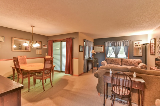 carpeted dining space with a wall mounted air conditioner, a textured ceiling, a baseboard radiator, and a notable chandelier