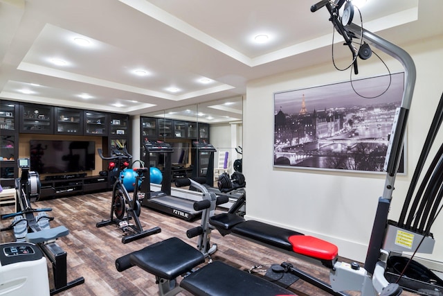 exercise room featuring hardwood / wood-style flooring and a raised ceiling