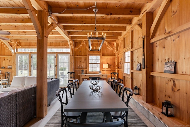 dining area featuring wood ceiling, lofted ceiling with beams, wood walls, and a chandelier