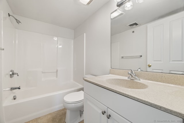 full bathroom with shower / tub combination, tile patterned flooring, vanity, and toilet